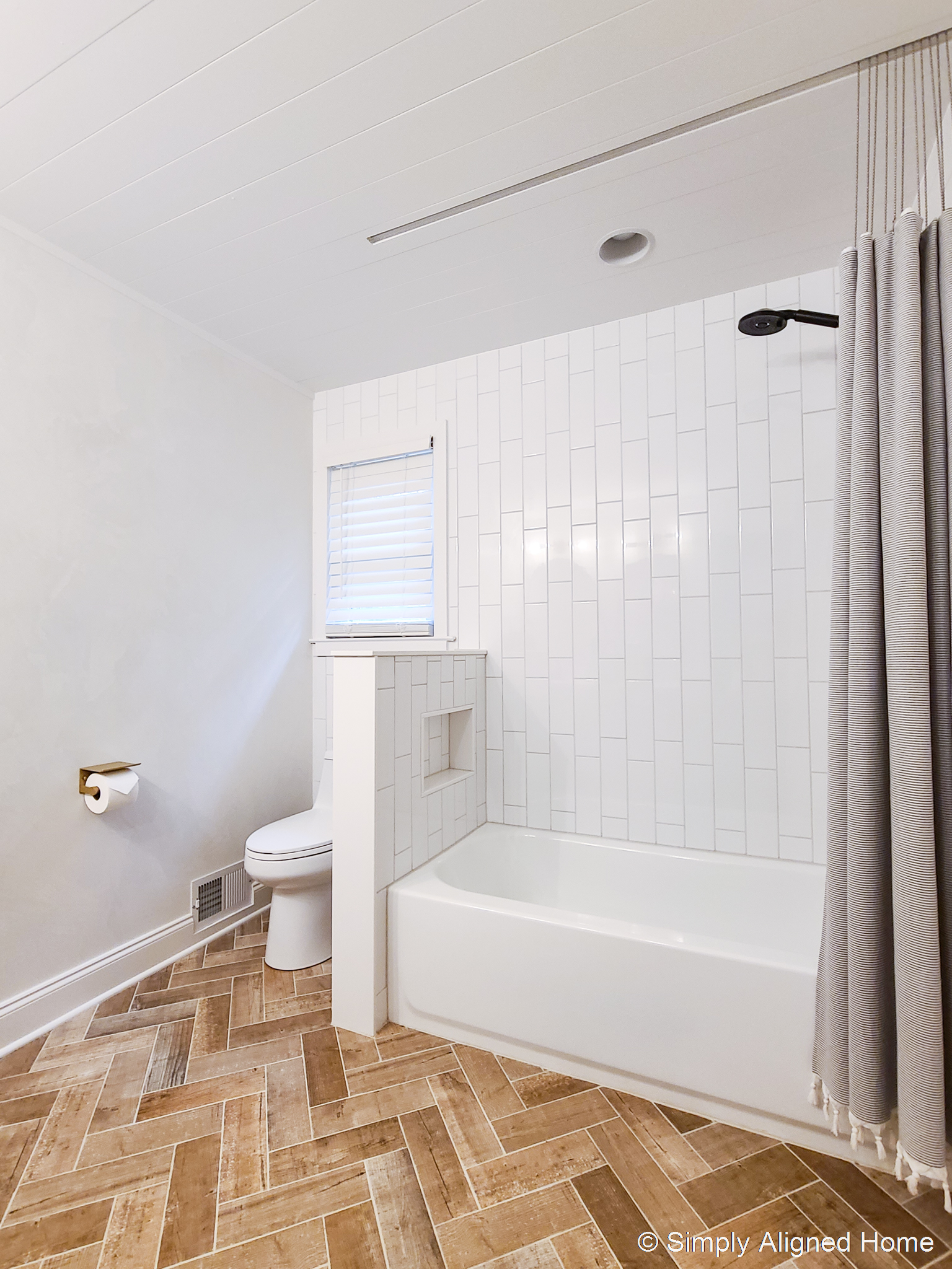 HOW TO INSTALL THE PERFECT BATHROOM CEILING SHIPLAP - Simply Aligned Home