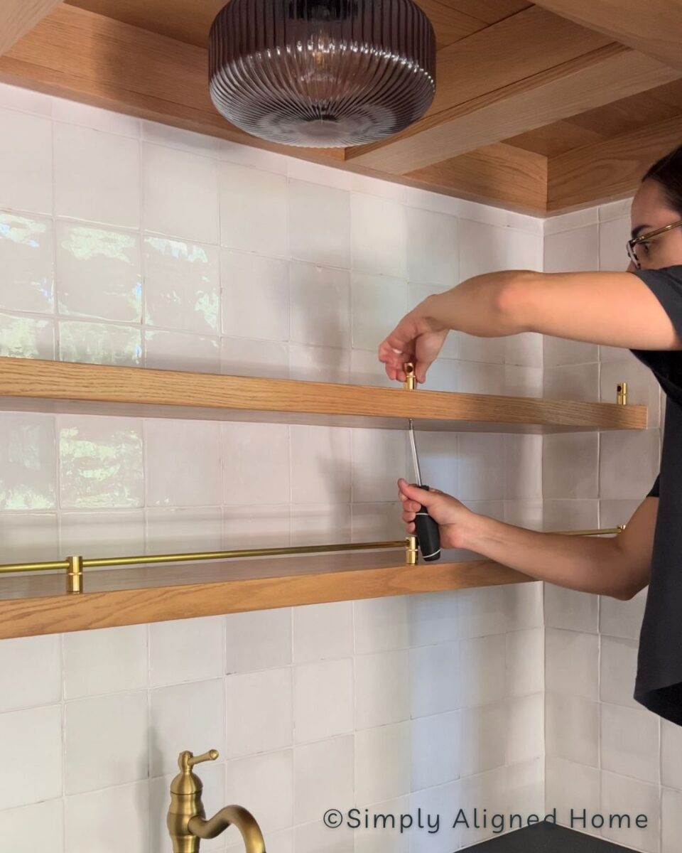 Wet Bar Thin Floating Shelves with Brass Shelf Rail - Simply Aligned Home