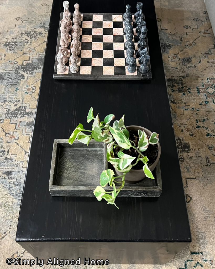 Chess board and pothos plant on coffee table. 